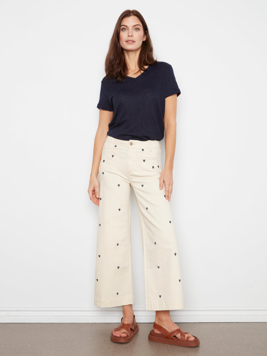 All Over Embroidered Cropped Patch Pocket Flare FlexTwill Pants
