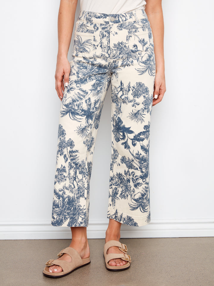 Printed Cropped Patch Pocket Flare Flex Twill Pants