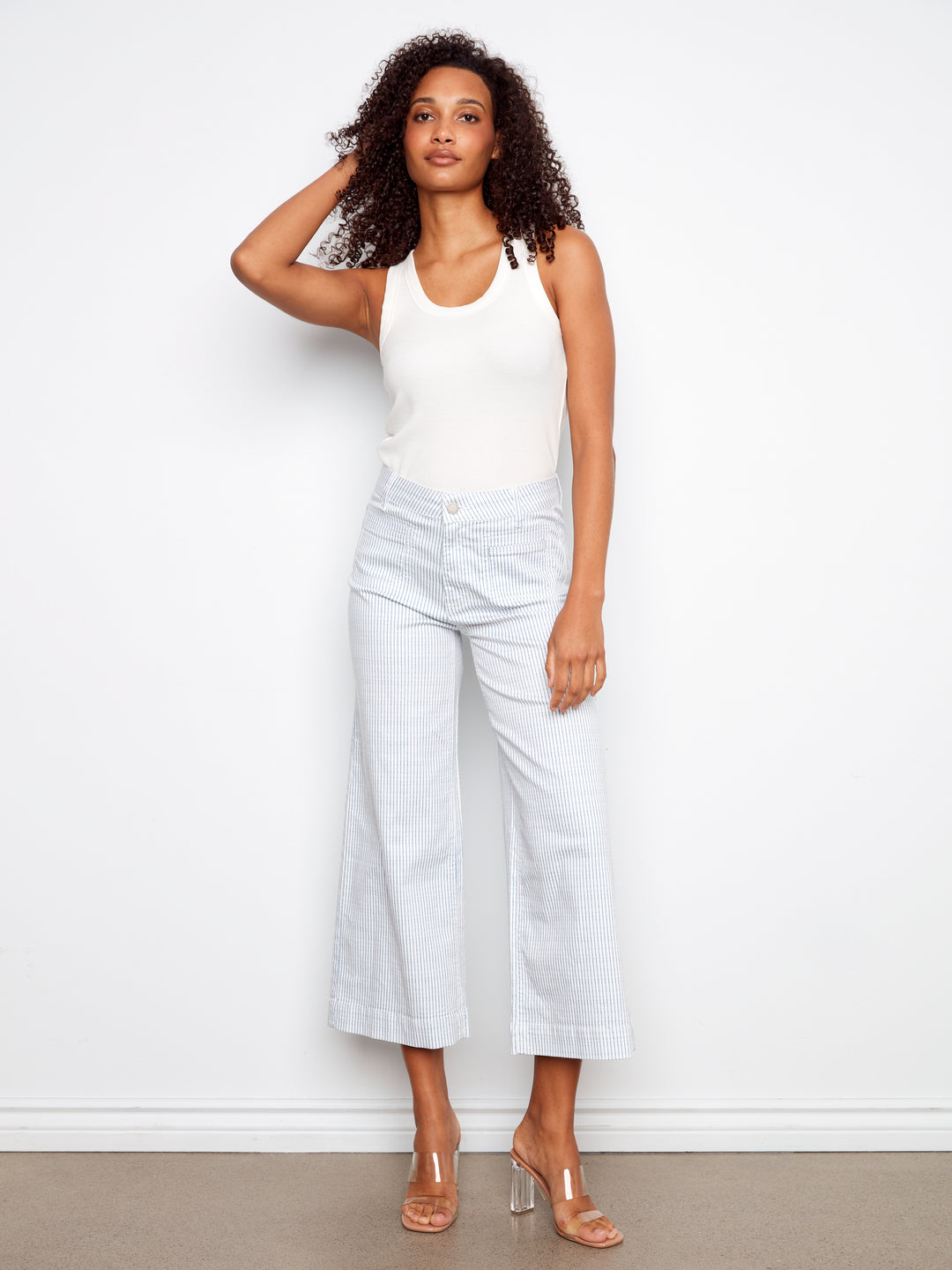 Yarn Dye Striped Twill Cropped Patch Pocket Flare Pants