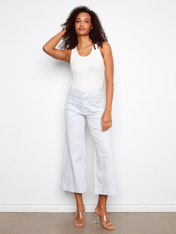 Yarn Dye Striped Twill Cropped Patch Pocket Flare Pants