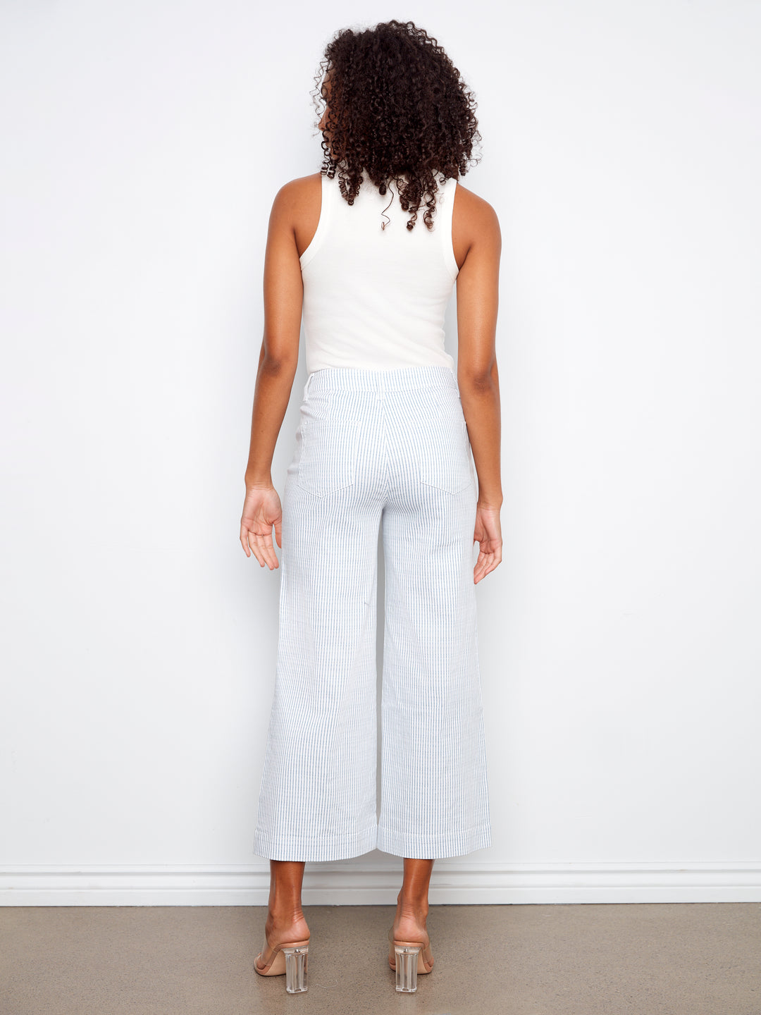 Yarn Dye Striped Twill Cropped Patch Pocket Flare Pants