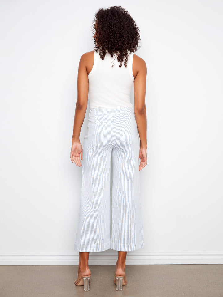 Yarn Dye Striped Twill Cropped Patch Pocket Flare Pants