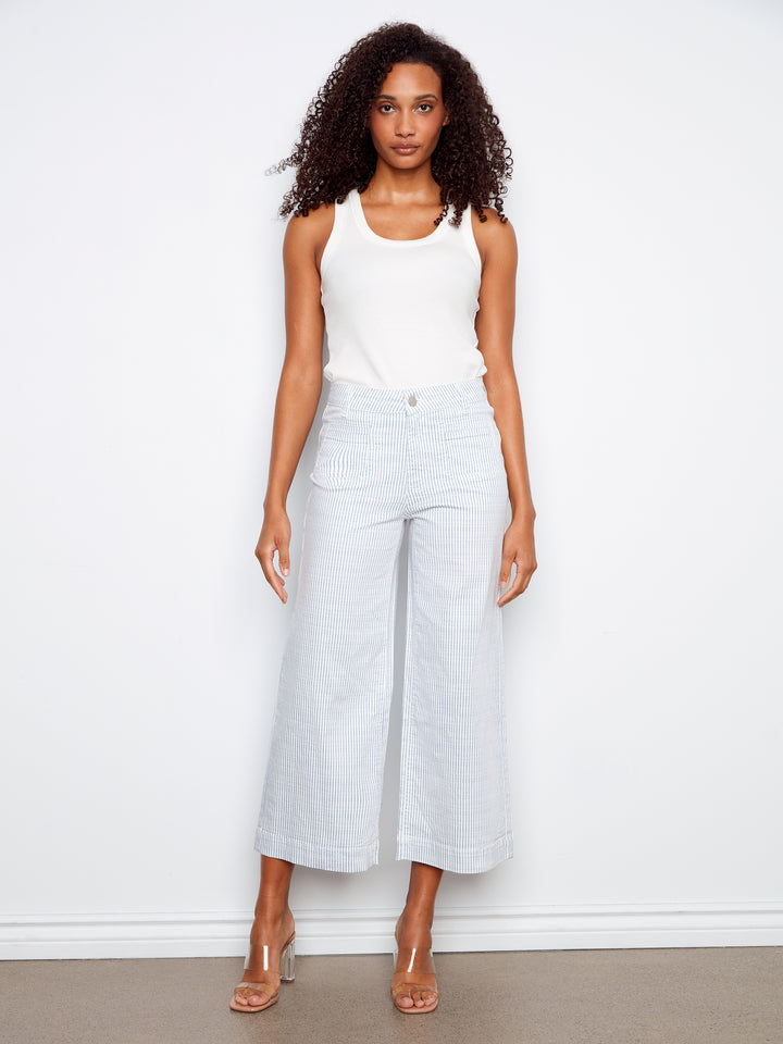 Yarn Dye Striped Twill Cropped Patch Pocket Flare Pants