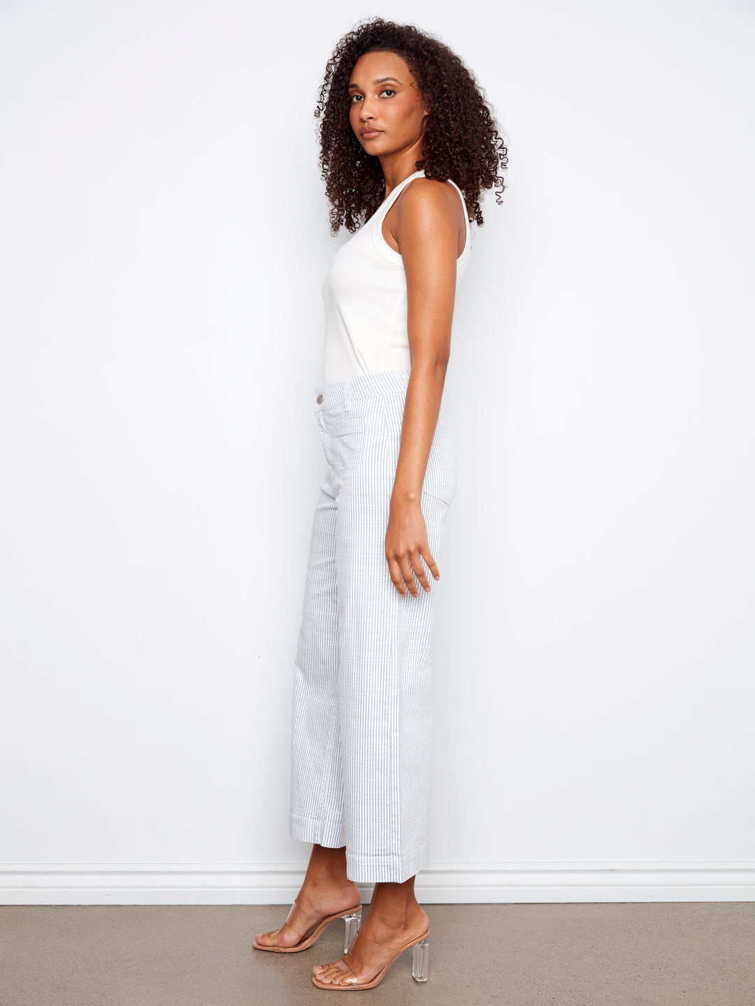 Yarn Dye Striped Twill Cropped Patch Pocket Flare Pants