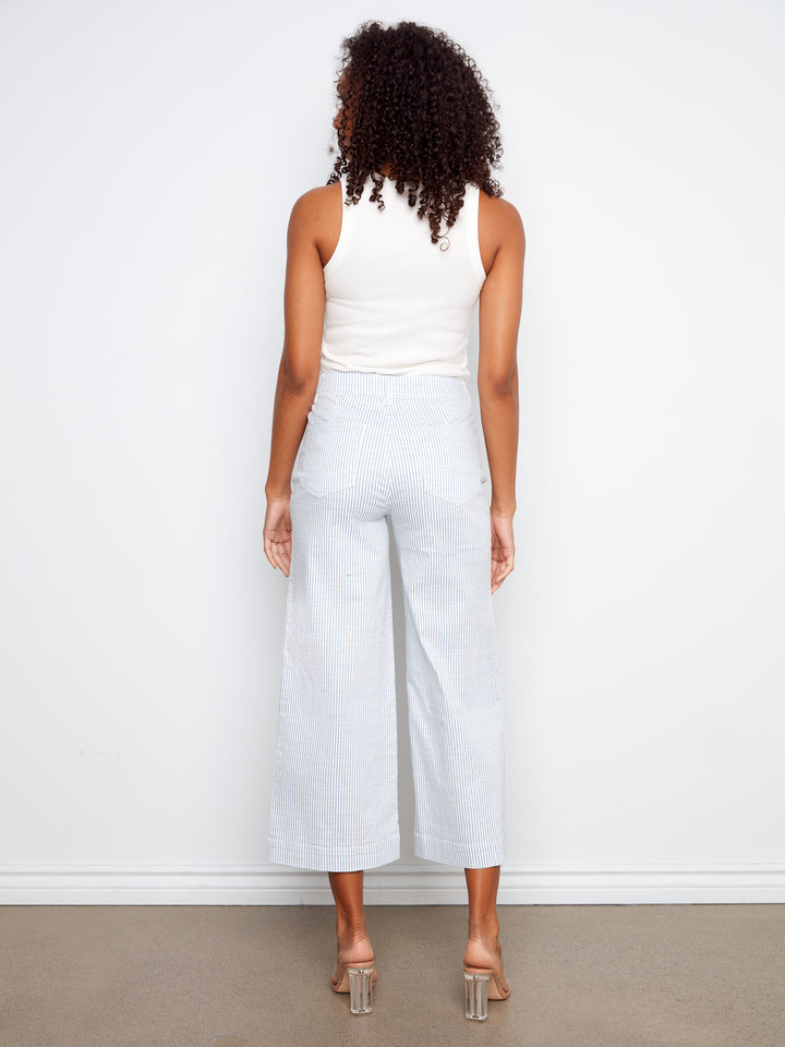 Yarn Dye Striped Twill Cropped Patch Pocket Flare Pants