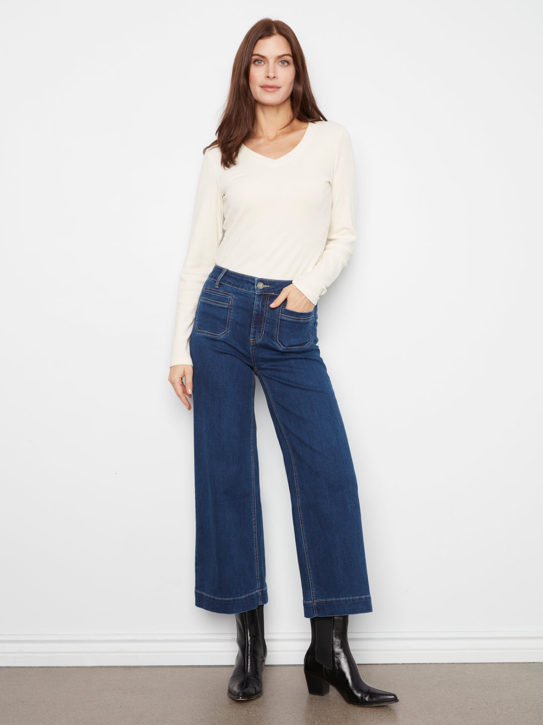 Cropped Insert Pocket Wide Leg Stretch Denim Pants