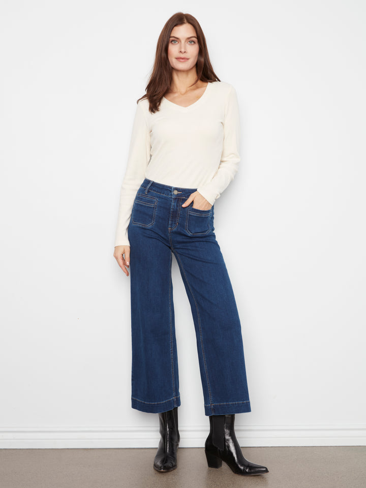 Cropped Insert Pocket Wide Leg Stretch Denim Pants