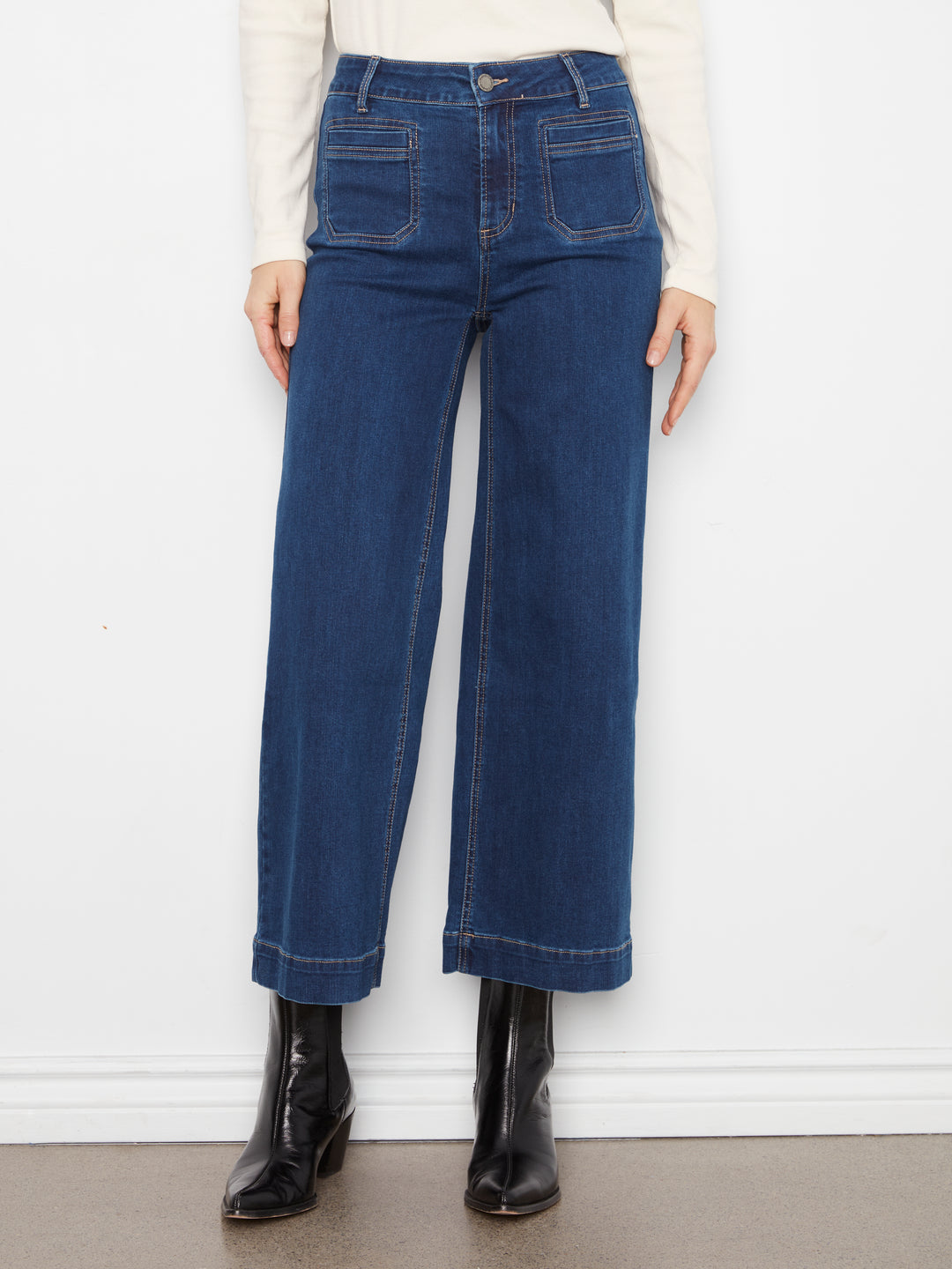 Cropped Insert Pocket Wide Leg Stretch Denim Pants