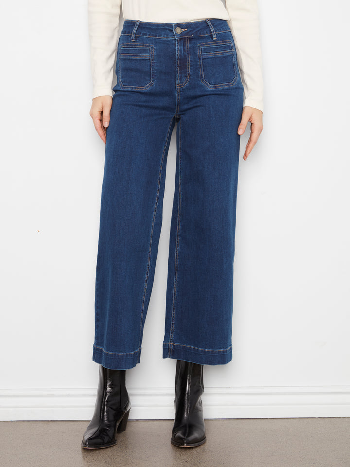 Cropped Insert Pocket Wide Leg Stretch Denim Pants