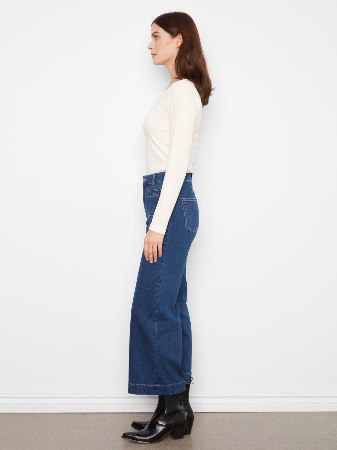 Cropped Insert Pocket Wide Leg Stretch Denim Pants