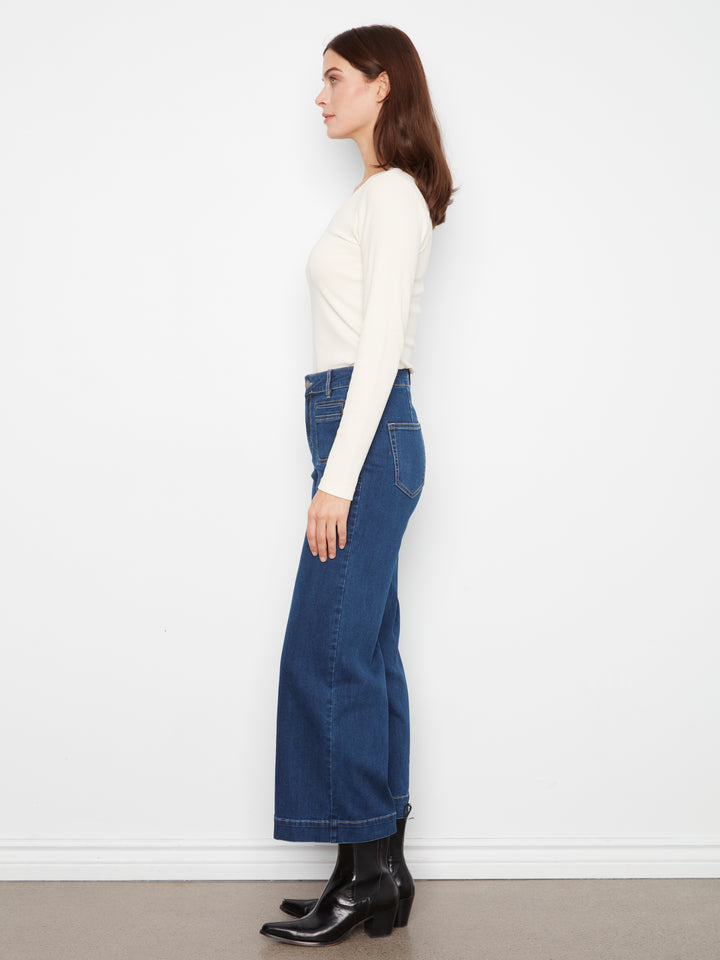Cropped Insert Pocket Wide Leg Stretch Denim Pants