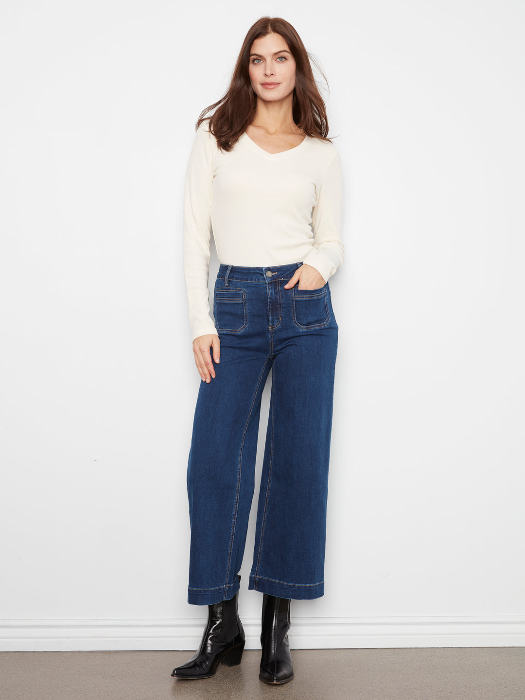 Cropped Insert Pocket Wide Leg Stretch Denim Pants