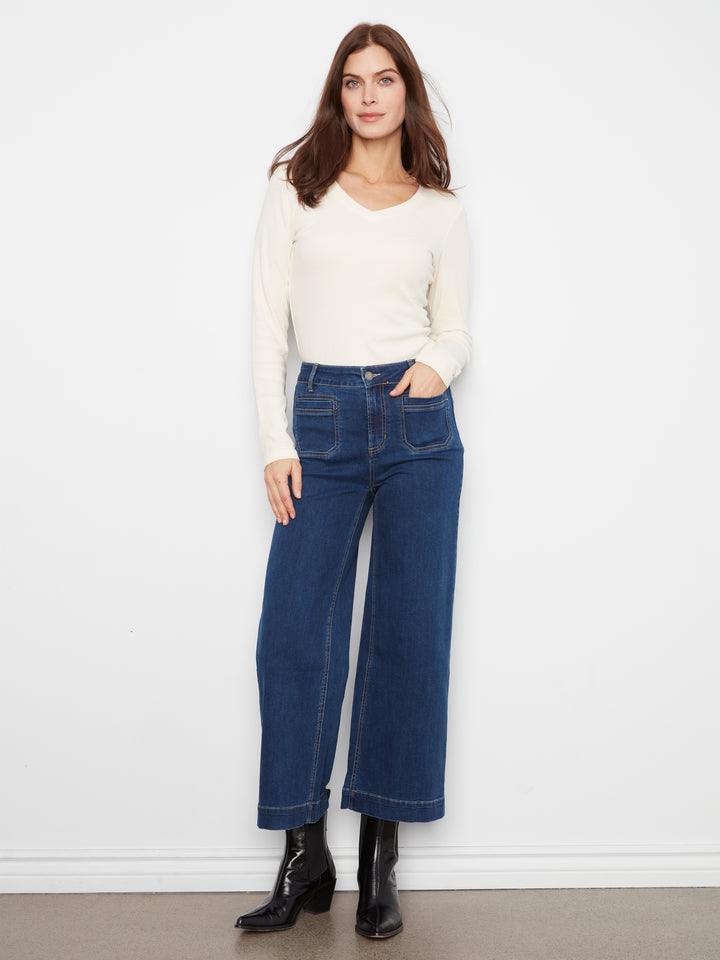 Cropped Insert Pocket Wide Leg Stretch Denim Pants
