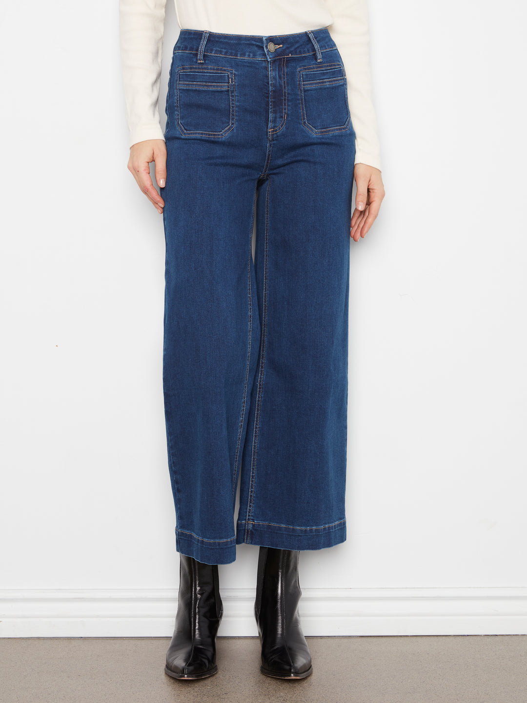 Cropped Insert Pocket Wide Leg Stretch Denim Pants