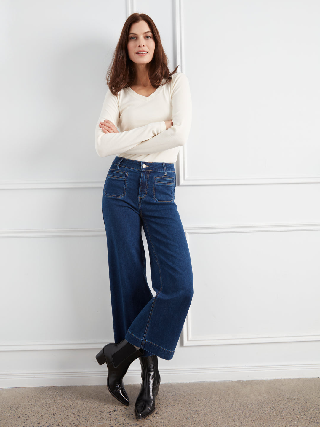 Cropped Insert Pocket Wide Leg Stretch Denim Pants