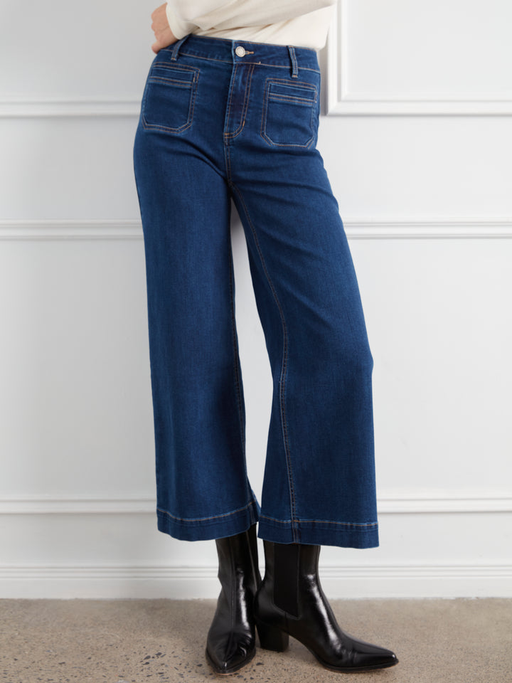 Cropped Insert Pocket Wide Leg Stretch Denim Pants