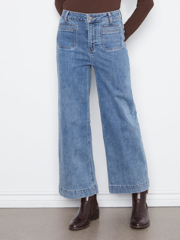 Cropped Insert Pocket Wide Leg Stretch Denim Pants