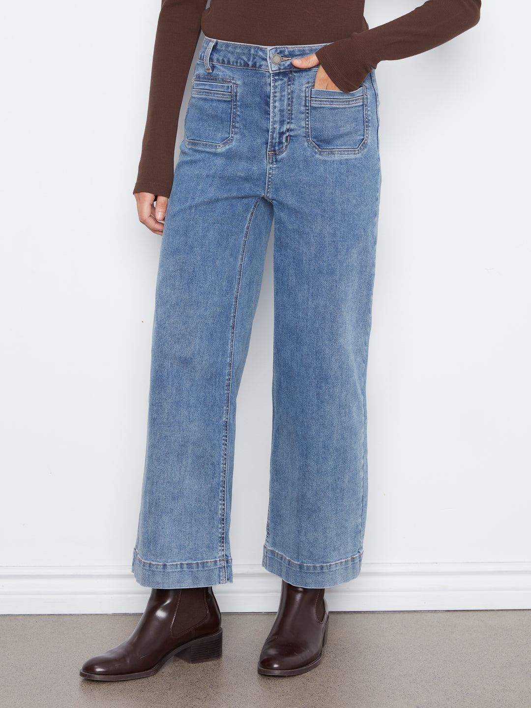 Cropped Insert Pocket Wide Leg Stretch Denim Pants