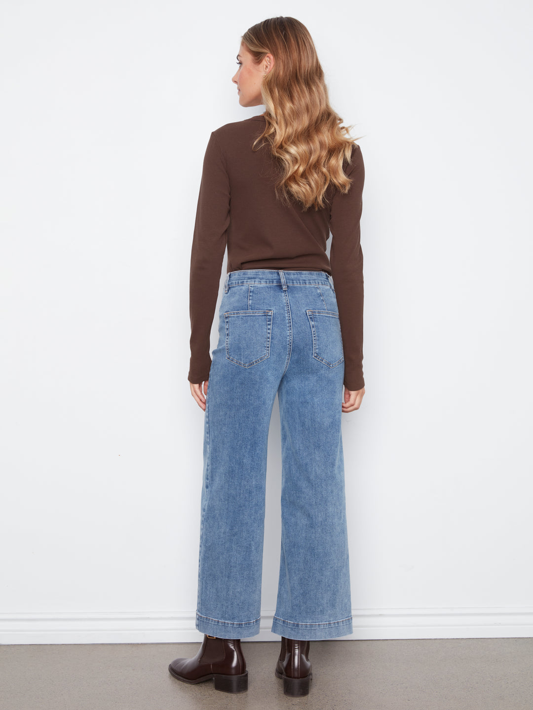 Cropped Insert Pocket Wide Leg Stretch Denim Pants