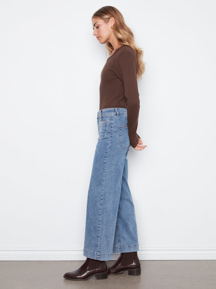 Cropped Insert Pocket Wide Leg Stretch Denim Pants