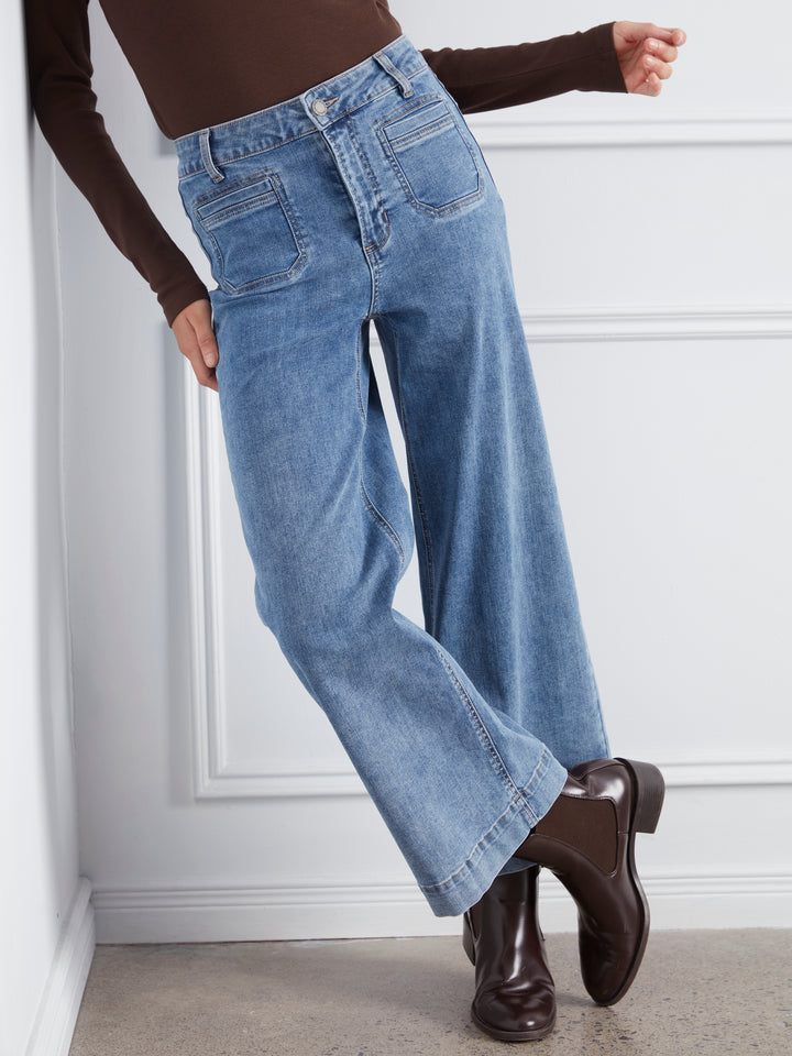 Cropped Insert Pocket Wide Leg Stretch Denim Pants