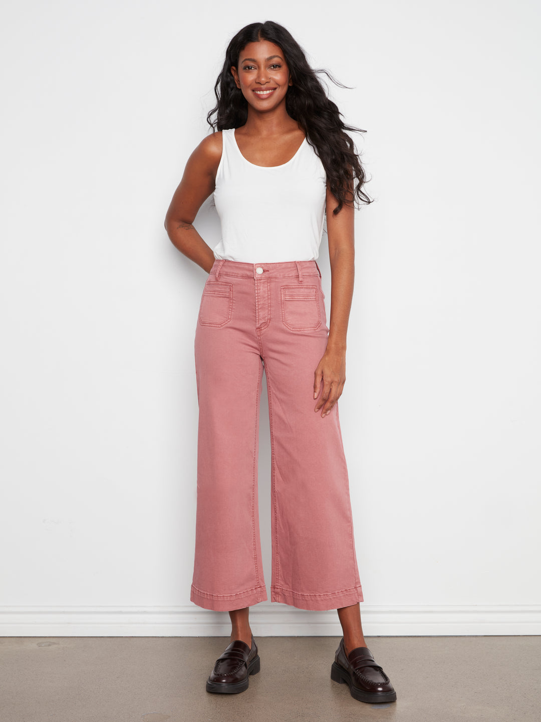 Cropped Insert Pocket Wide Leg Colored Twill Pants