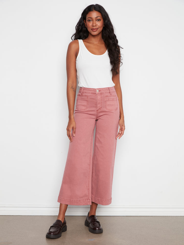 Cropped Insert Pocket Wide Leg Colored Twill Pants