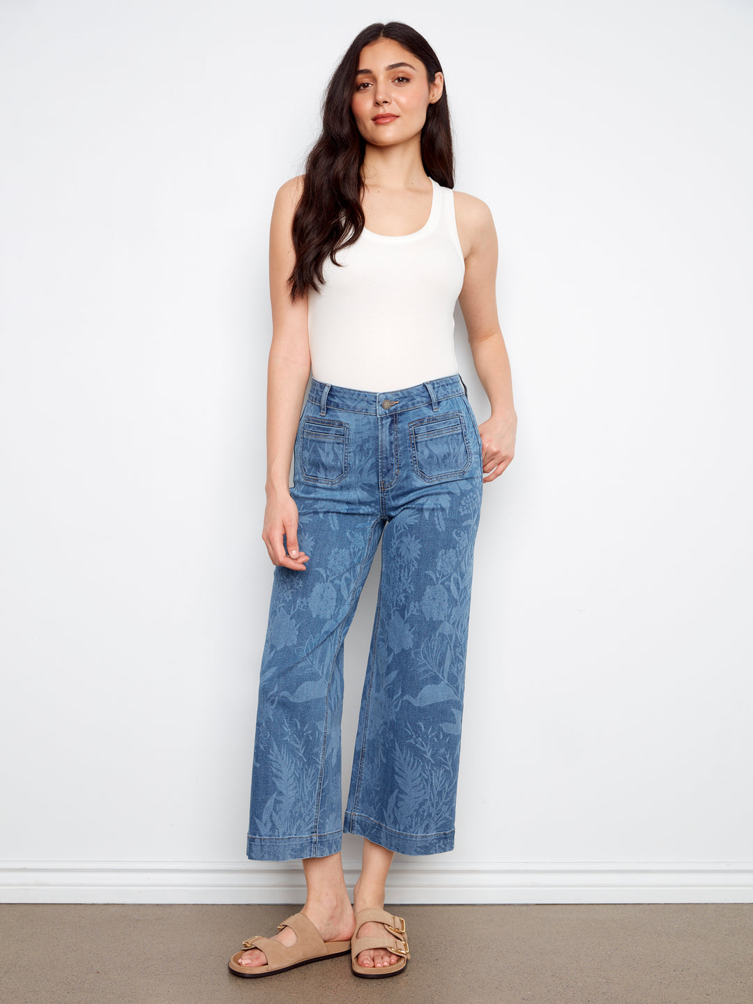 Printed Cropped Patch Pocket Flare Stretch Denim Pants