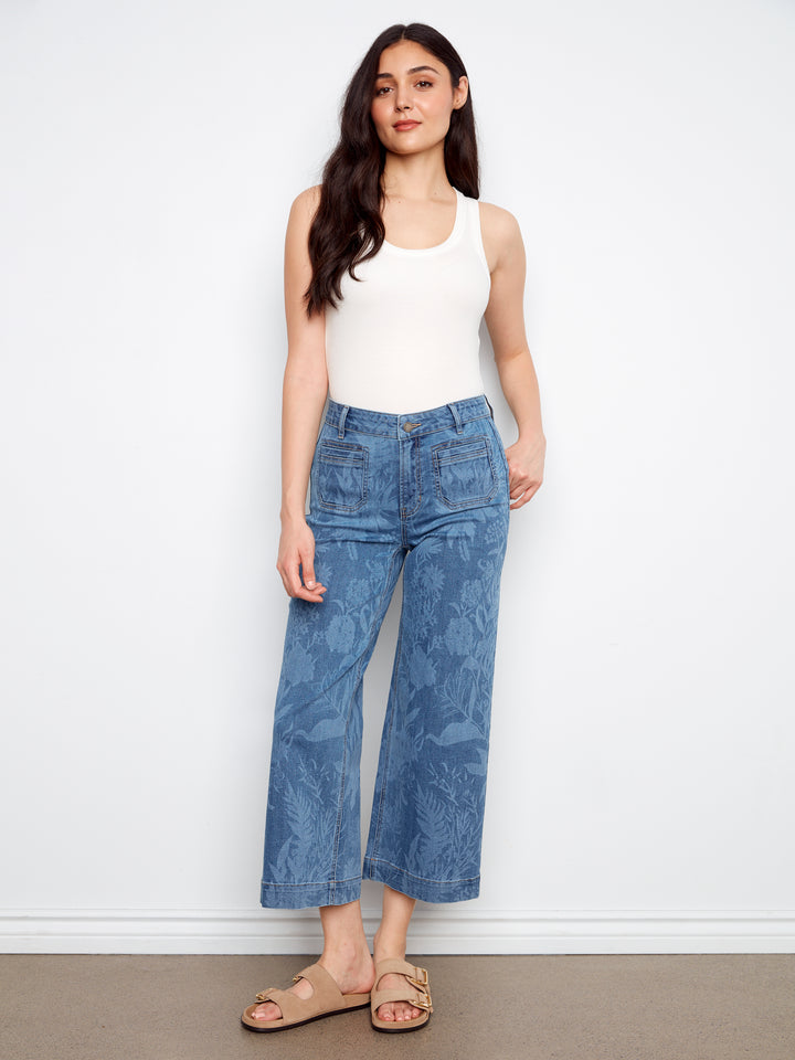 Printed Cropped Patch Pocket Flare Stretch Denim Pants