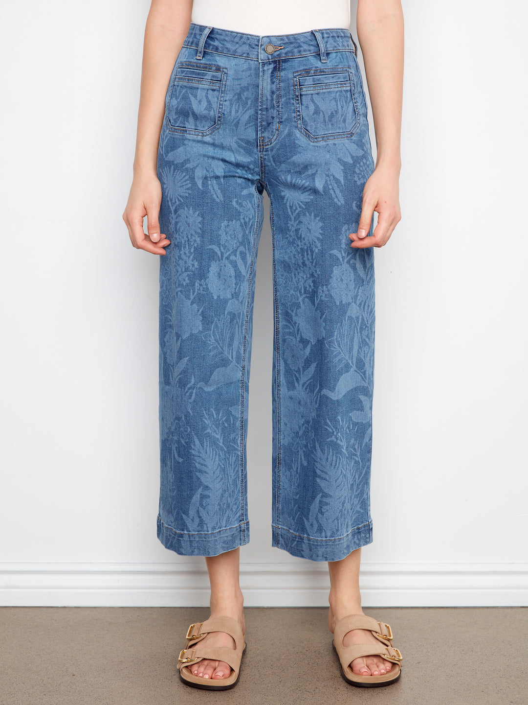 Printed Cropped Patch Pocket Flare Stretch Denim Pants
