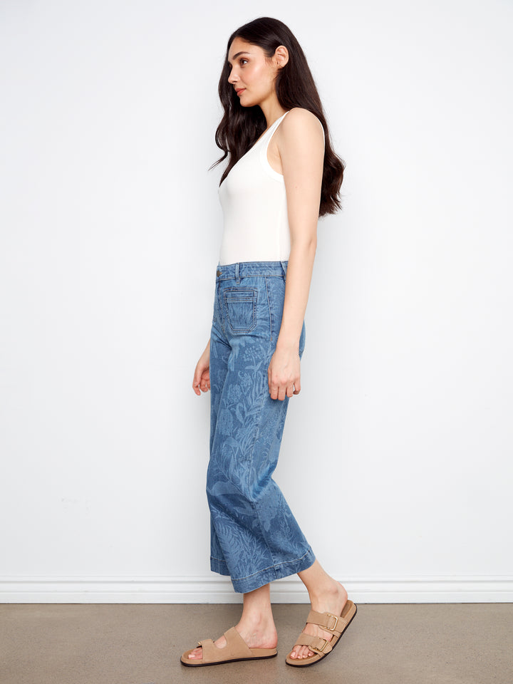 Printed Cropped Patch Pocket Flare Stretch Denim Pants