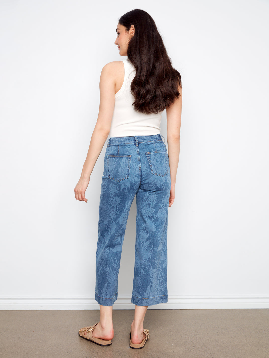Printed Cropped Patch Pocket Flare Stretch Denim Pants
