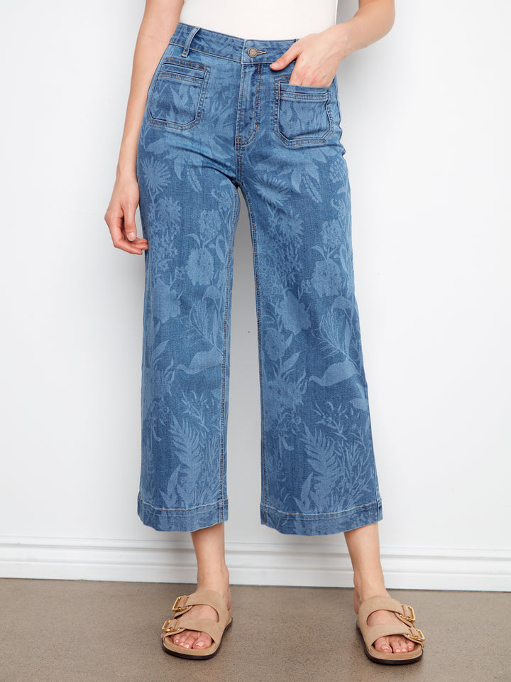 Printed Cropped Patch Pocket Flare Stretch Denim Pants