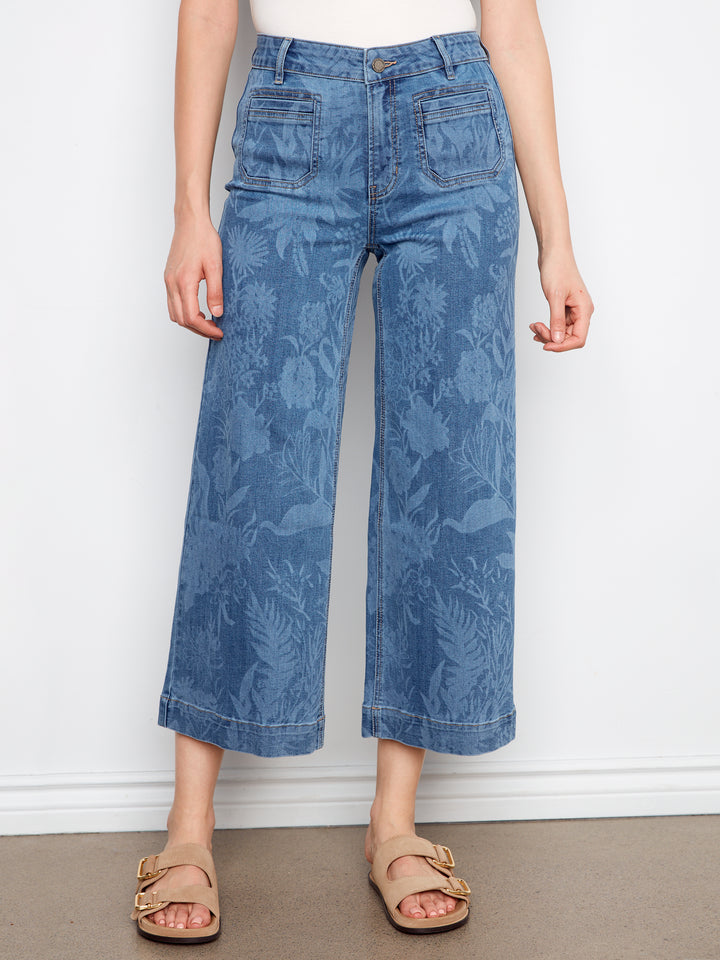 Printed Cropped Patch Pocket Flare Stretch Denim Pants