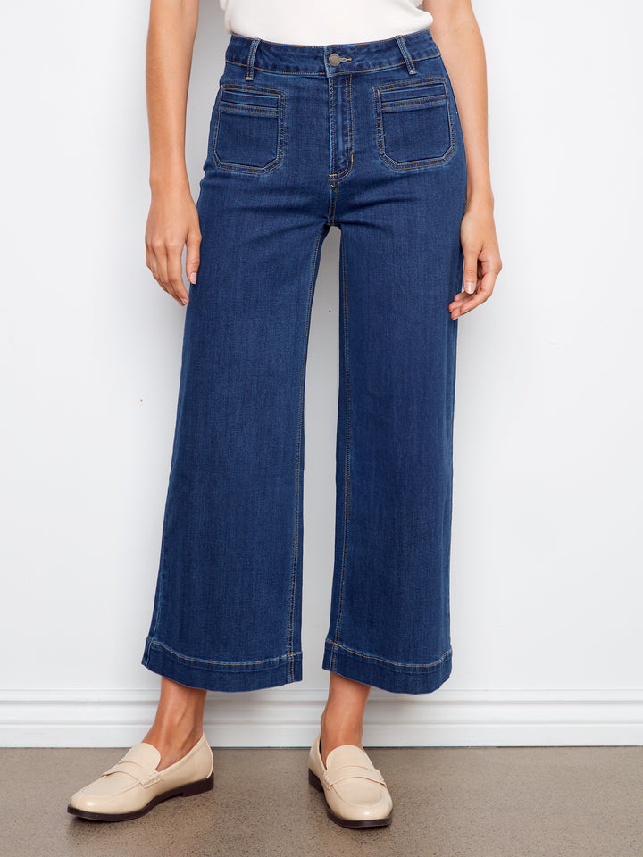Cropped Patch Pocket Flare Jeans