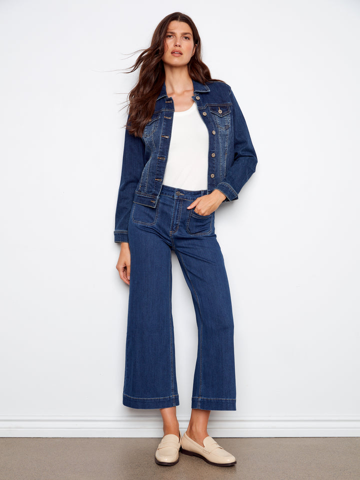 Cropped Patch Pocket Flare Jeans