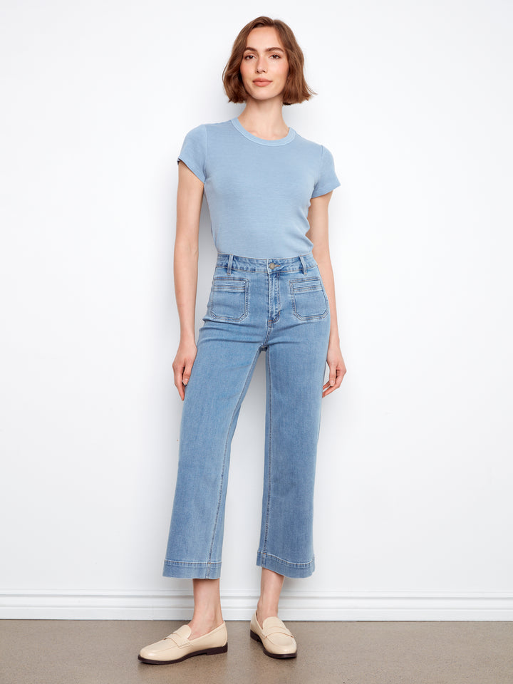 Cropped Patch Pocket Flare Jeans