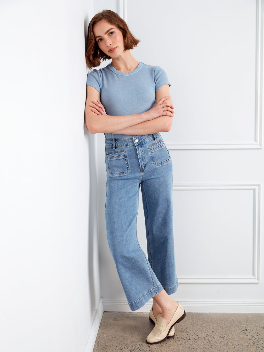 Cropped Patch Pocket Flare Jeans