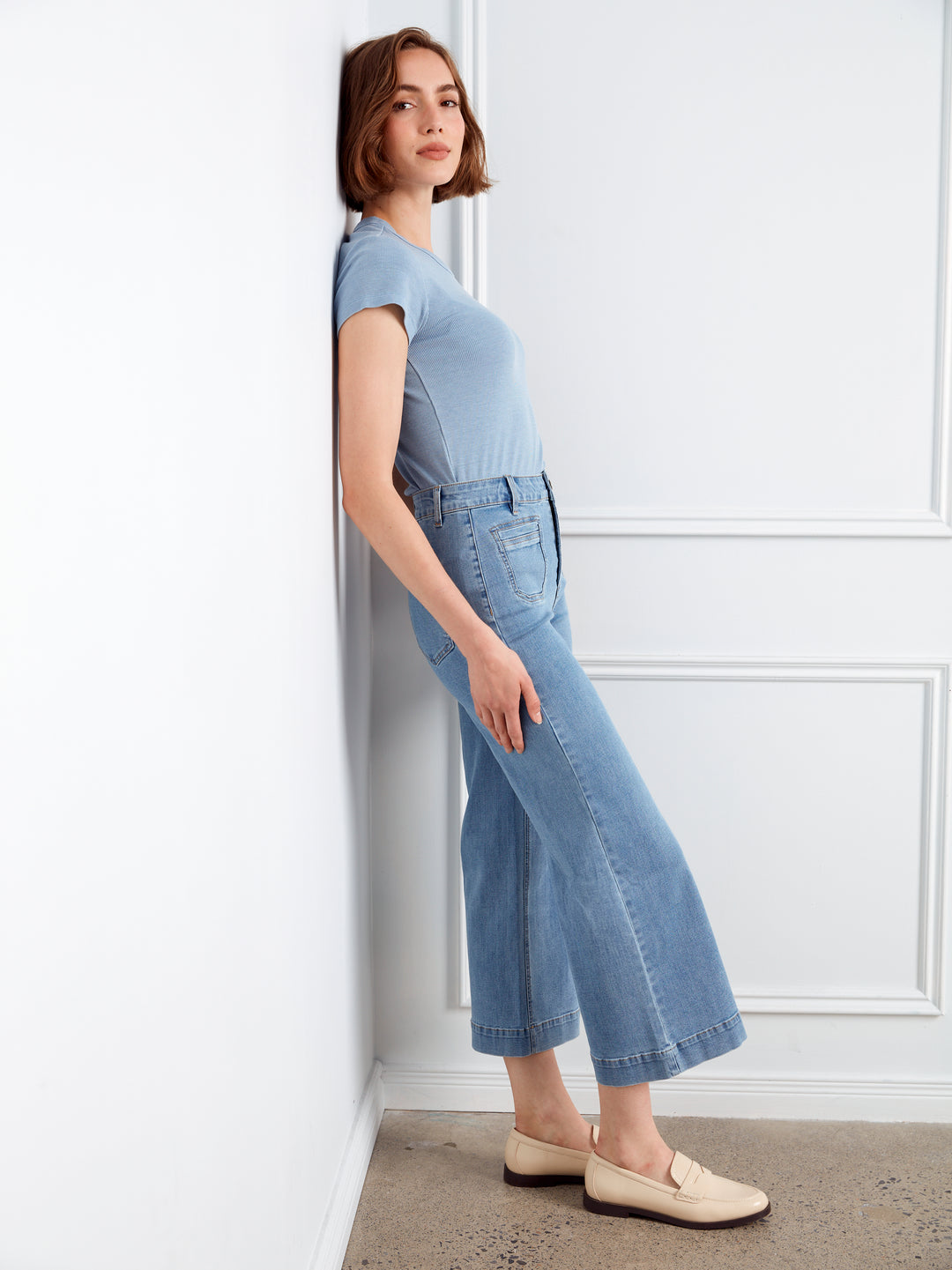 Cropped Patch Pocket Flare Jeans