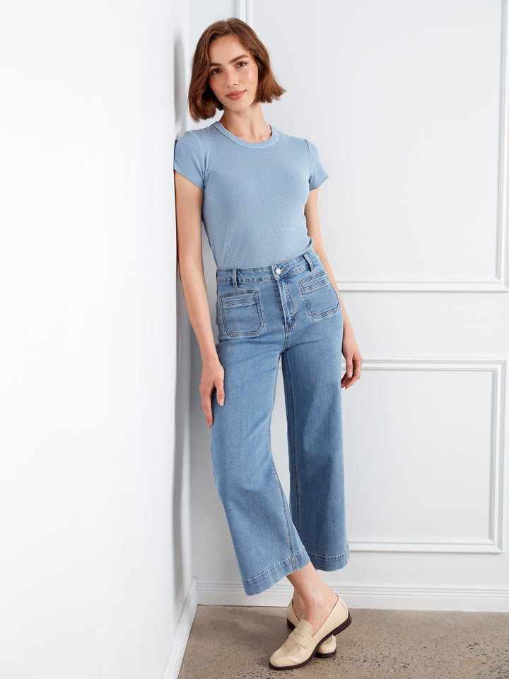 Cropped Patch Pocket Flare Jeans