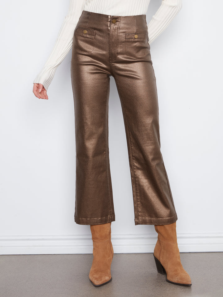 Metallic Wax Twill Flare Leg Pants With Front Welt Pockets