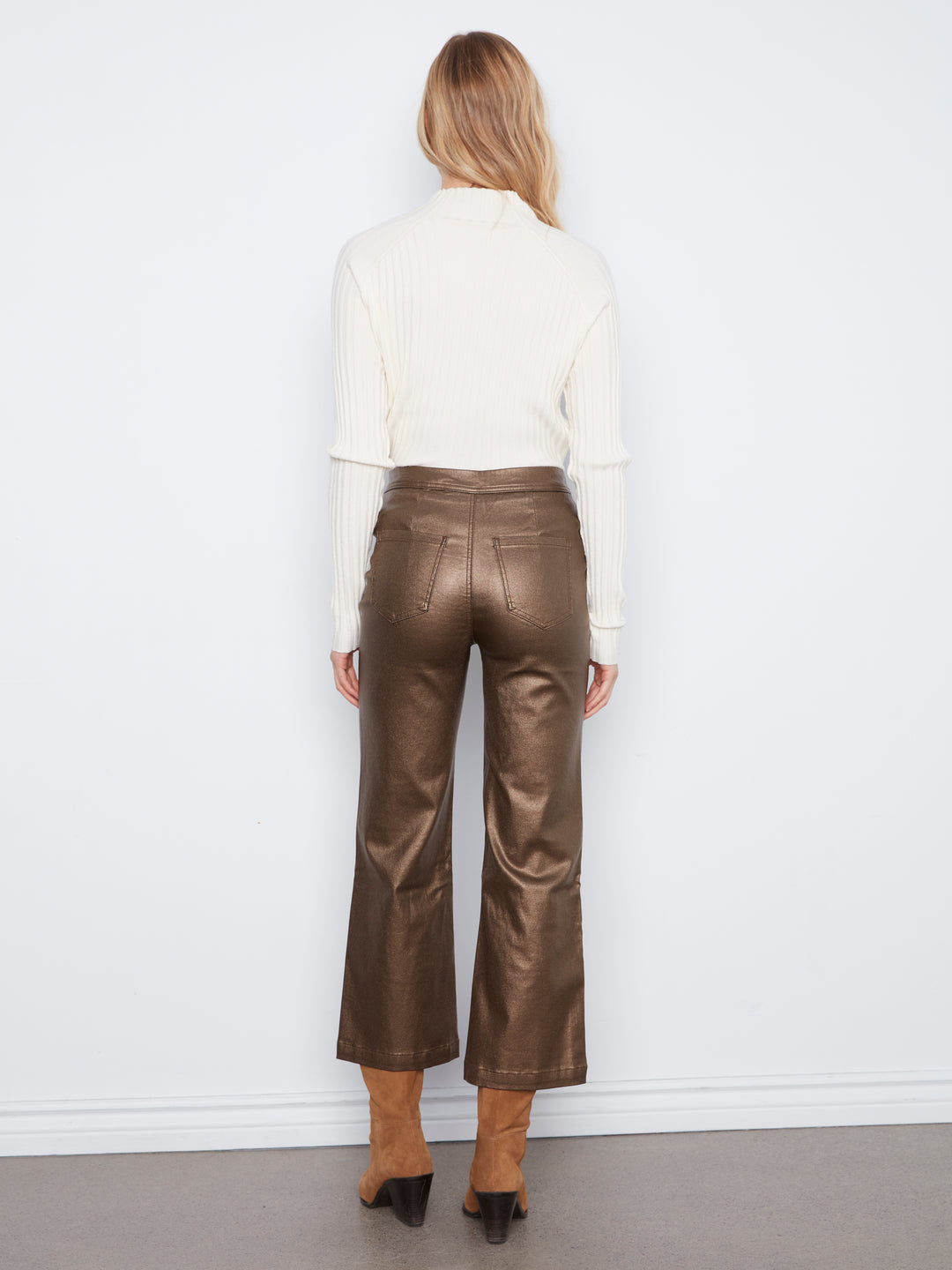 Metallic Wax Twill Flare Leg Pants With Front Welt Pockets