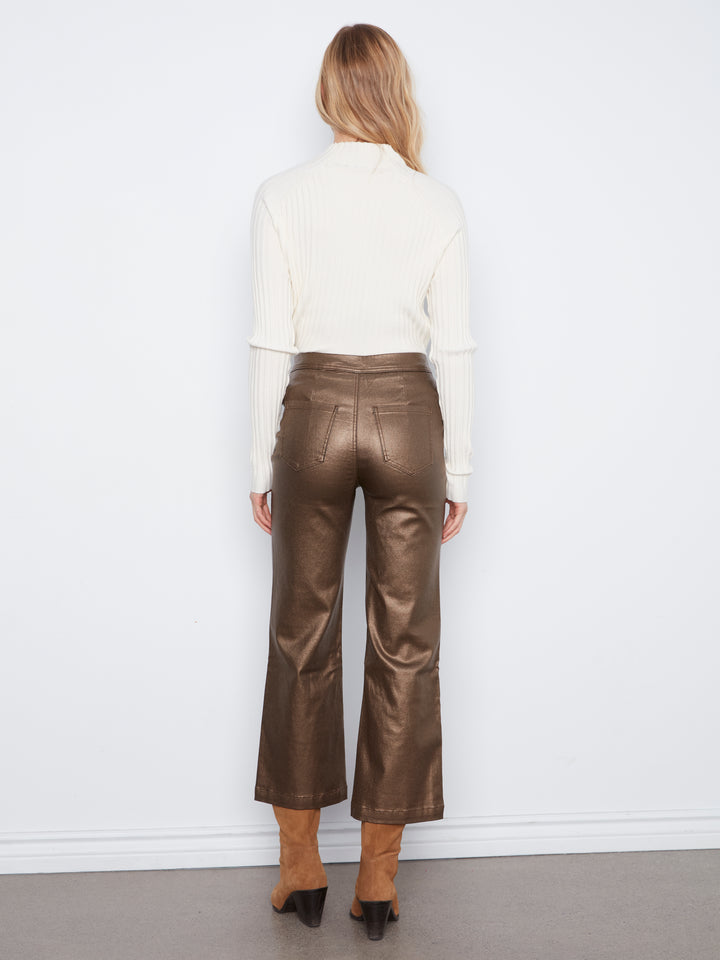 Metallic Wax Twill Flare Leg Pants With Front Welt Pockets