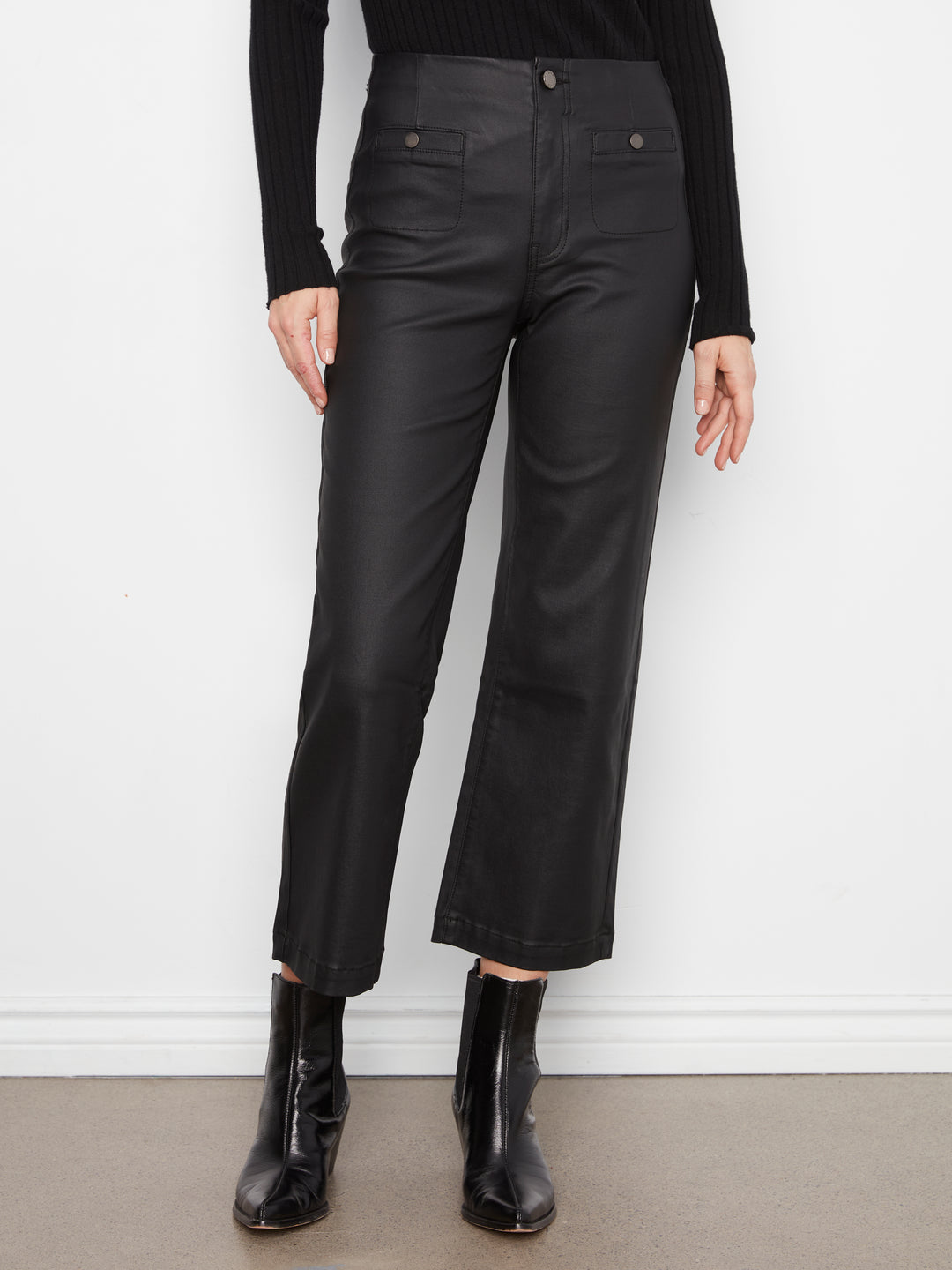 Wax Twill Flare Leg Pants With Front Welt Pockets