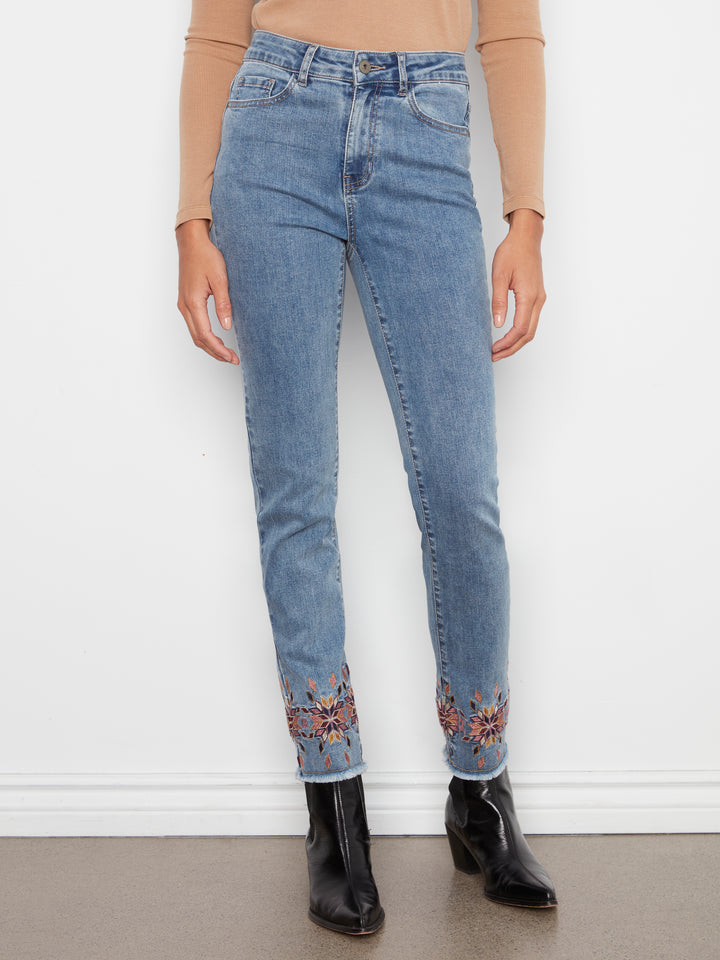Hem Embroidered Slim Leg Stretch Denim Pants