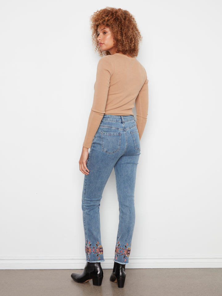 Hem Embroidered Slim Leg Stretch Denim Pants