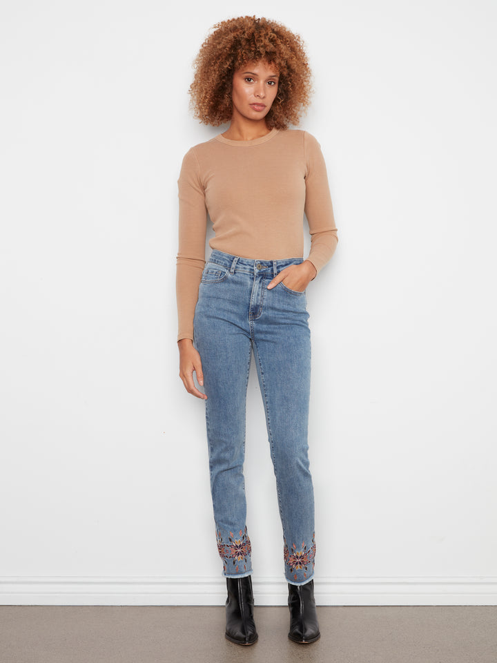 Hem Embroidered Slim Leg Stretch Denim Pants