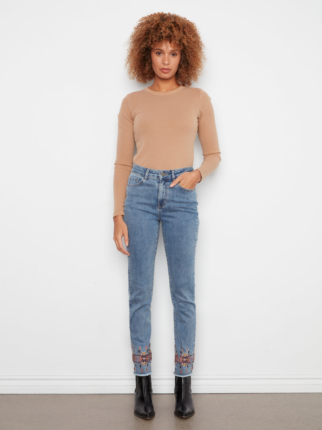 Hem Embroidered Slim Leg Stretch Denim Pants