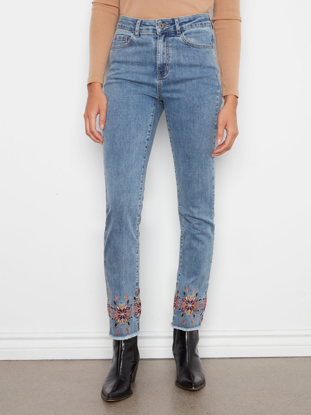 Hem Embroidered Slim Leg Stretch Denim Pants