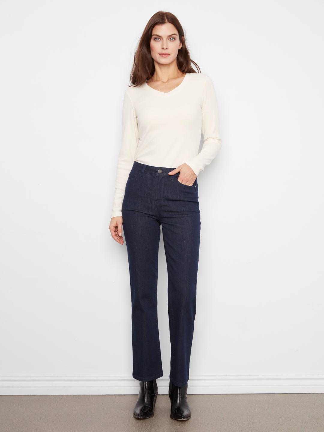 Straight Leg Stretch Denim Pants With Elastic Inside Waist